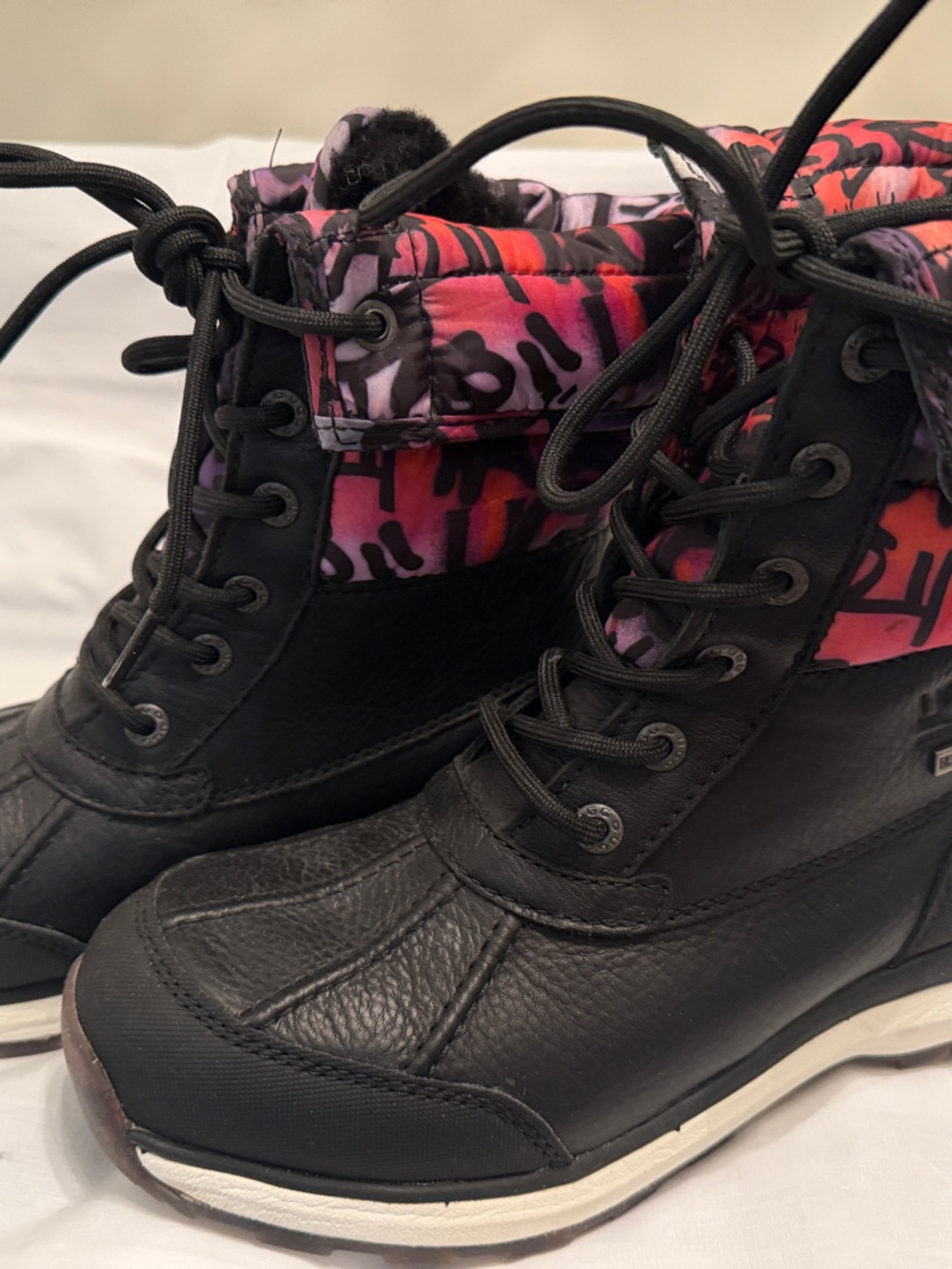UGG Black Lace-Up Boots with Pink & Purple Patterned Collar